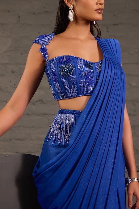 Buy_One Knot One By Ashna_Blue Georgette, Net Sequins, Metallic Pre-draped Saree With Cutwork Blouse 
