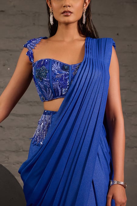 Shop_One Knot One By Ashna_Blue Georgette, Net Sequins, Metallic Pre-draped Saree With Cutwork Blouse 