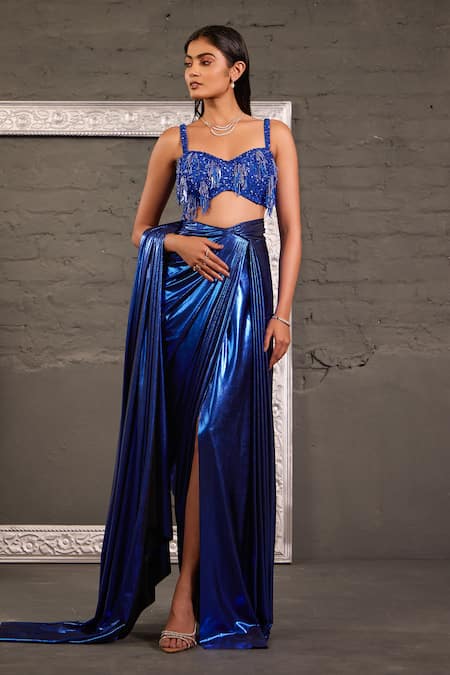 One Knot One By Ashna_Blue Lycra, Net, Georgette Metallic Pre-draped Saree With Embroidered Blouse _Online_at_Aza_Fashions