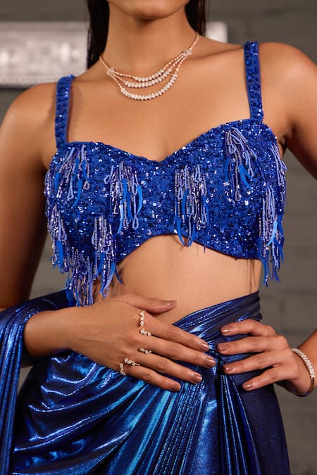 Shop_One Knot One By Ashna_Blue Lycra, Net, Georgette Metallic Pre-draped Saree With Embroidered Blouse _Online_at_Aza_Fashions