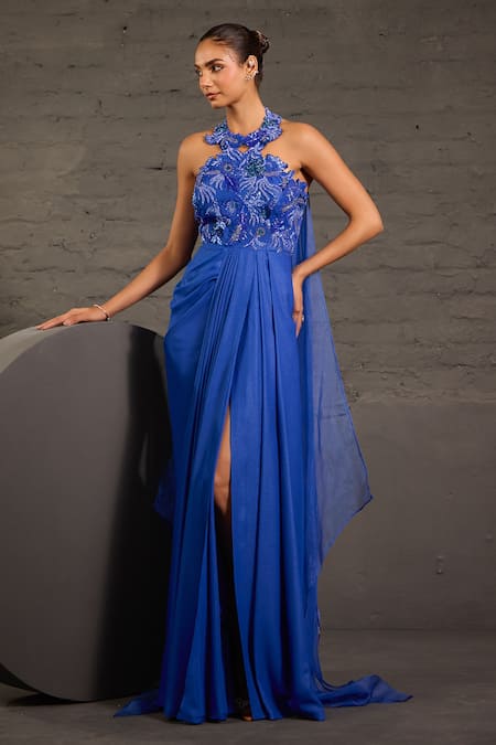 Buy_One Knot One By Ashna_Blue Georgette, Organza Sequins, Beads, Crystals, Stones Cutwork Drape Gown _Online_at_Aza_Fashions