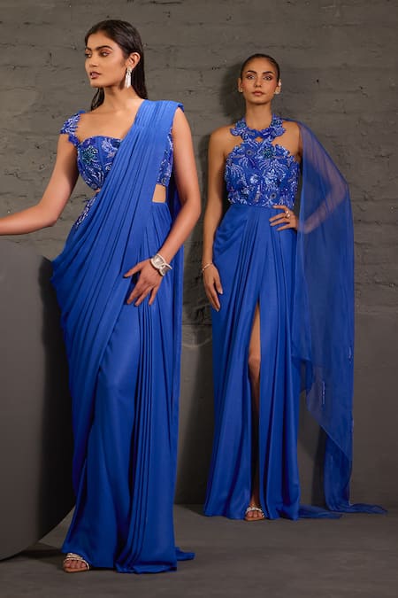 One Knot One By Ashna_Blue Georgette, Organza Sequins, Beads, Crystals, Stones Cutwork Drape Gown _at_Aza_Fashions