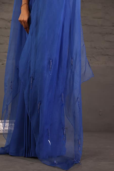 Buy_One Knot One By Ashna_Blue Georgette, Organza Sequins, Beads, Crystals, Stones Cutwork Drape Gown 