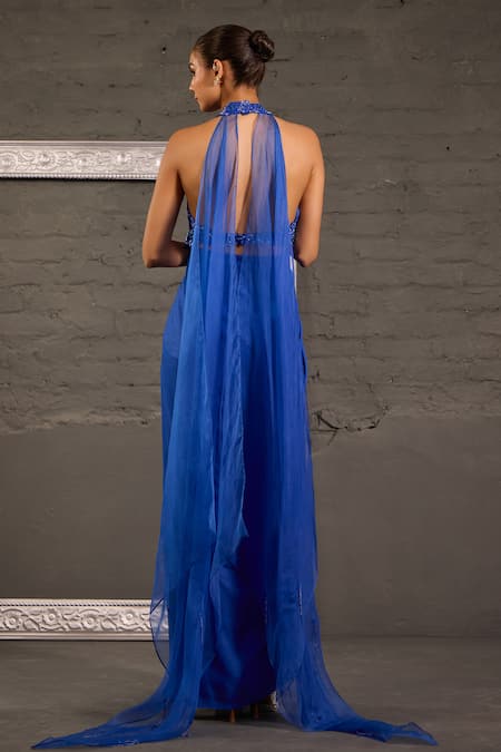 One Knot One By Ashna Cutwork Halterneck Drape Gown 