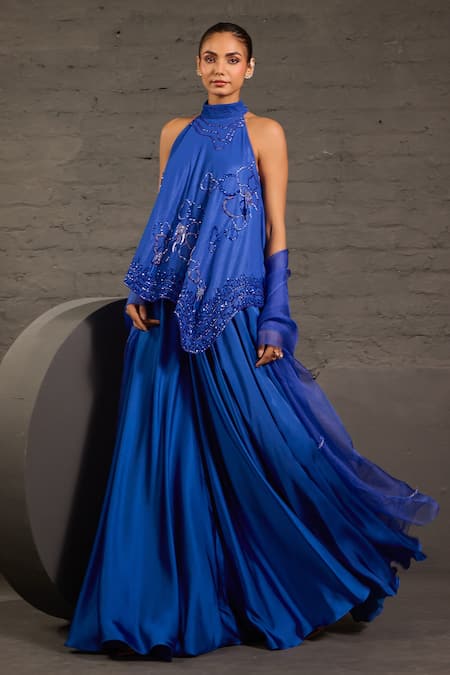 Buy_One Knot One By Ashna_Blue Georgette, Satin, Organza Sequins, Beads Hand Embroidered Tunic Sharara Set _Online_at_Aza_Fashions