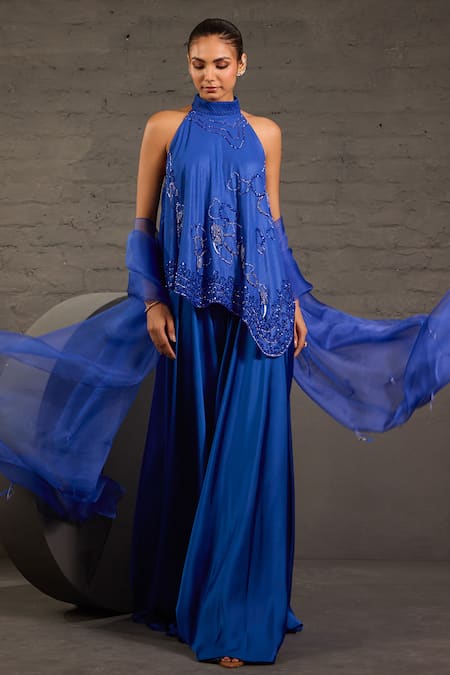 Shop_One Knot One By Ashna_Blue Georgette, Satin, Organza Sequins, Beads Hand Embroidered Tunic Sharara Set _Online_at_Aza_Fashions