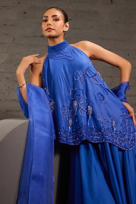 One Knot One By Ashna_Blue Georgette, Satin, Organza Sequins, Beads Hand Embroidered Tunic Sharara Set _at_Aza_Fashions