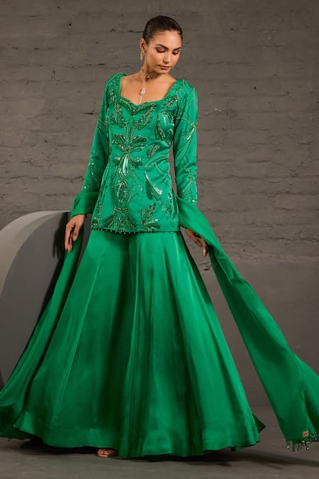 Buy_One Knot One By Ashna_Emerald Green Satin, Organza Sequins, Beads, And Hand Tunic Sharara Set _Online_at_Aza_Fashions