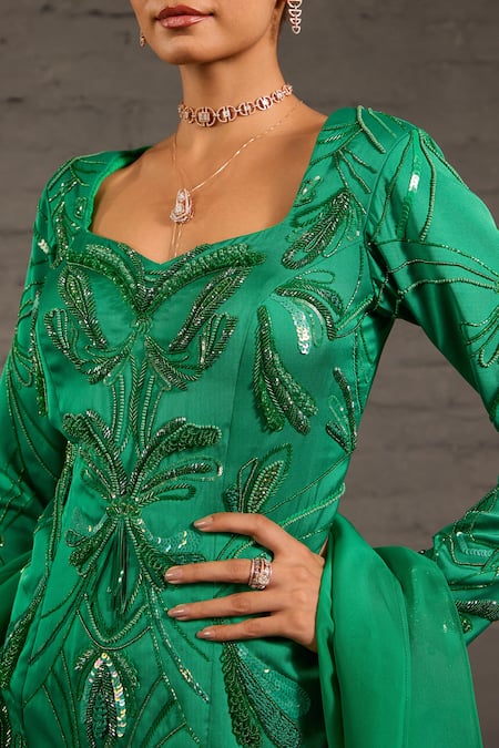Shop_One Knot One By Ashna_Emerald Green Satin, Organza Sequins, Beads, And Hand Tunic Sharara Set _Online_at_Aza_Fashions