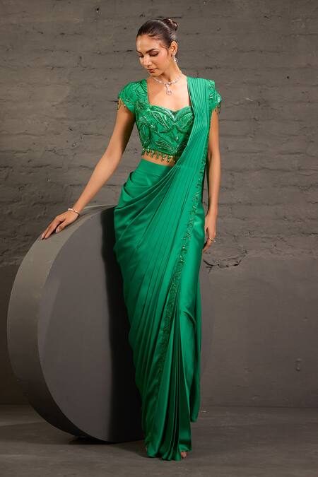 Buy_One Knot One By Ashna_Emerald Green Satin, Twill, Crepe Embroidery, Hand Pre-draped Saree With Blouse _Online_at_Aza_Fashions