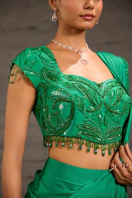 One Knot One By Ashna_Emerald Green Satin, Twill, Crepe Embroidery, Hand Pre-draped Saree With Blouse _at_Aza_Fashions