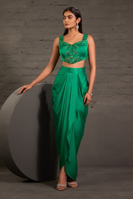 Shop_One Knot One By Ashna_Emerald Green Satin, Twill Sequins, Beads, Embroidery Open Hand Cape Skirt Set _Online_at_Aza_Fashions