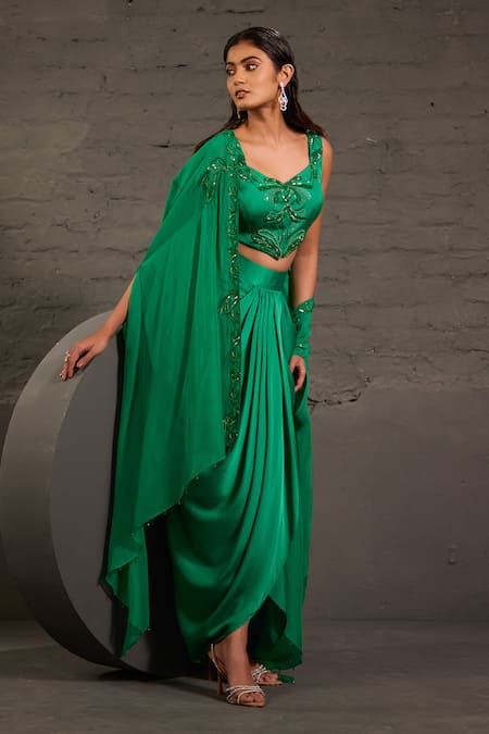Buy_One Knot One By Ashna_Emerald Green Satin, Twill Sequins, Beads, Embroidery Open Hand Cape Skirt Set 