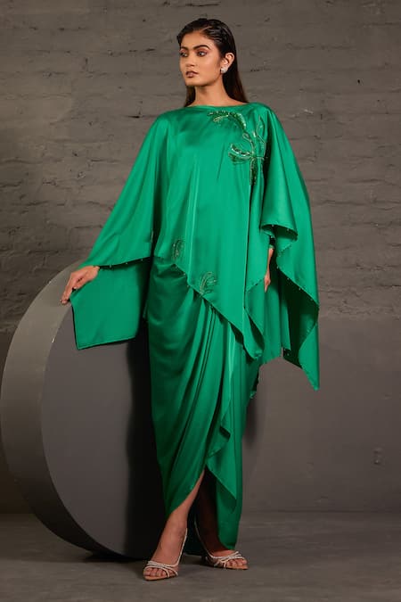 Buy_One Knot One By Ashna_Emerald Green Satin, Twill Sequins, Beads, And Resham Hand Kaftan With Skirt _Online_at_Aza_Fashions