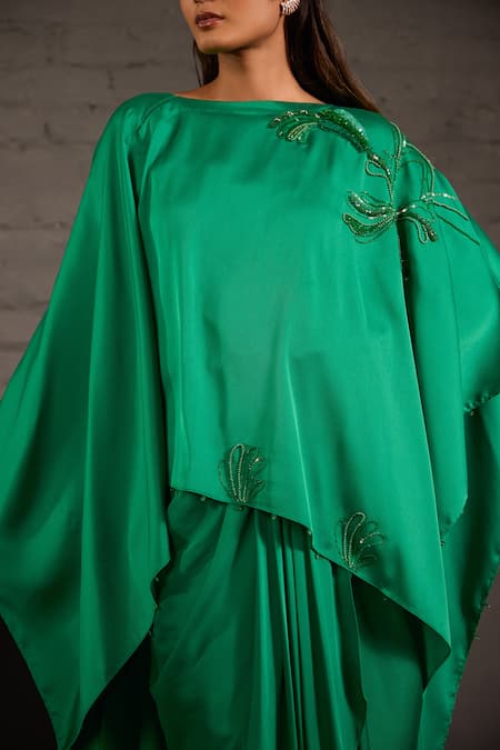 Shop_One Knot One By Ashna_Emerald Green Satin, Twill Sequins, Beads, And Resham Hand Kaftan With Skirt _Online_at_Aza_Fashions
