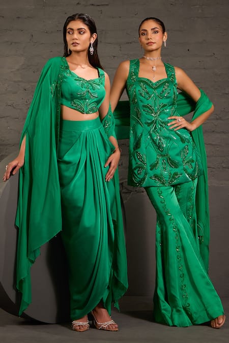 Buy_One Knot One By Ashna_Emerald Green Satin, Twill, Organza Sequins, Beads, Hand Tunic Sharara Set _Online_at_Aza_Fashions