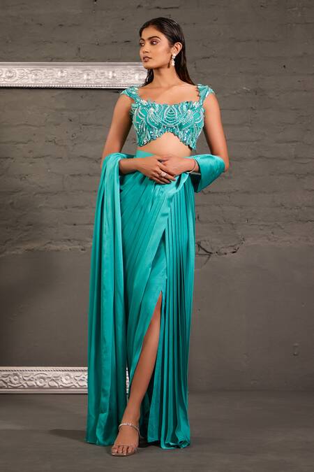 Buy_One Knot One By Ashna_Aqua Chiffon, Satin, Organza Hand Embroidered Blouse With Pre-draped Saree 