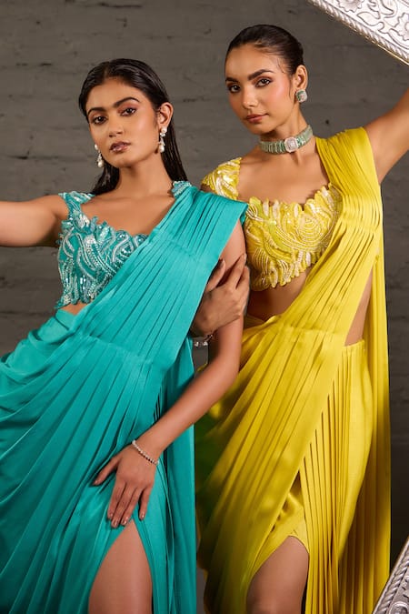 One Knot One By Ashna_Yellow Chiffon, Satin, Organza Hand Embroidered Blouse With Pre-draped Saree _at_Aza_Fashions