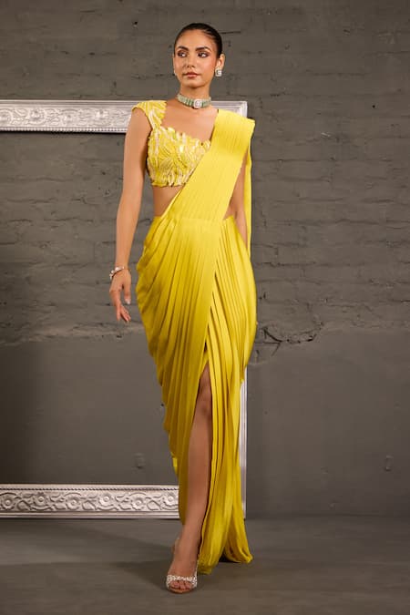 Buy_One Knot One By Ashna_Yellow Chiffon, Satin, Organza Hand Embroidered Blouse With Pre-draped Saree 