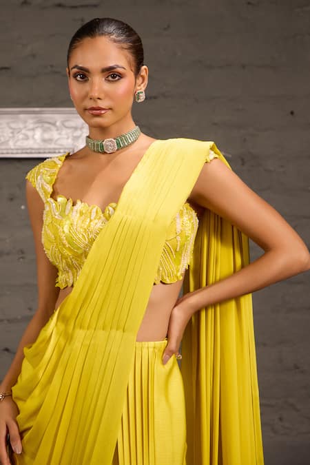 Shop_One Knot One By Ashna_Yellow Chiffon, Satin, Organza Hand Embroidered Blouse With Pre-draped Saree 
