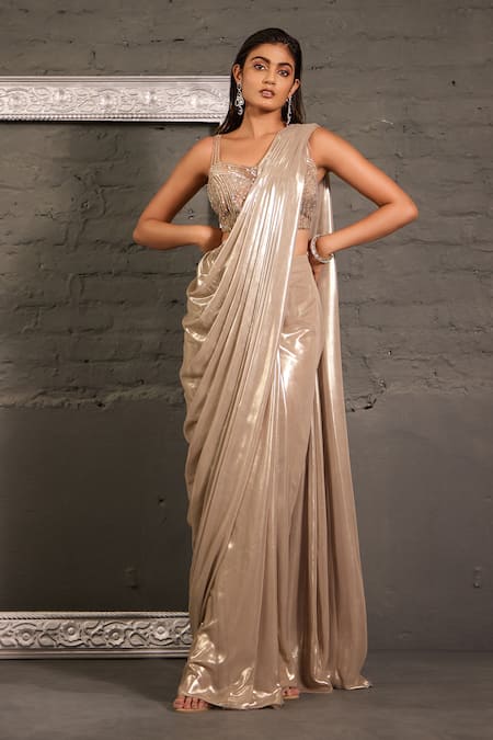 One Knot One By Ashna Embroidered Blouse With Metallic Pre-Draped Saree 