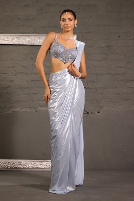 One Knot One By Ashna_Gray Net, Lycra Sequins, Beads, Embroidery Hand Blouse With Pre-draped Saree _at_Aza_Fashions