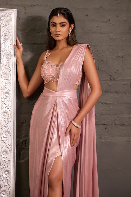 One Knot One By Ashna_Pink Lycra, Net Sequins, Beads, Cutwork Embroidered Blouse With Pre-draped Saree _Online_at_Aza_Fashions