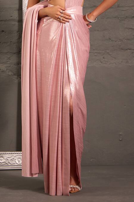 Buy_One Knot One By Ashna_Pink Lycra, Net Sequins, Beads, Cutwork Embroidered Blouse With Pre-draped Saree _Online_at_Aza_Fashions