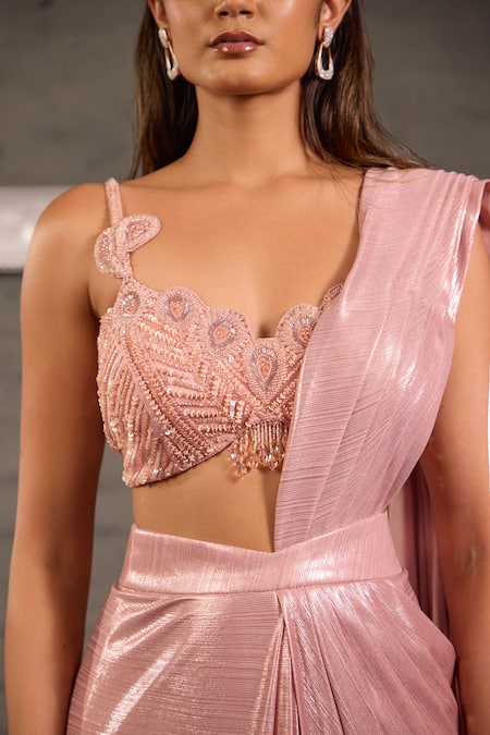 Shop_One Knot One By Ashna_Pink Lycra, Net Sequins, Beads, Cutwork Embroidered Blouse With Pre-draped Saree _Online_at_Aza_Fashions