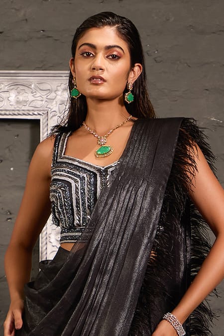 Shop_One Knot One By Ashna_Black Georgette, Organza, Net Feathers, Hand Blouse With Pre-draped Saree _Online_at_Aza_Fashions