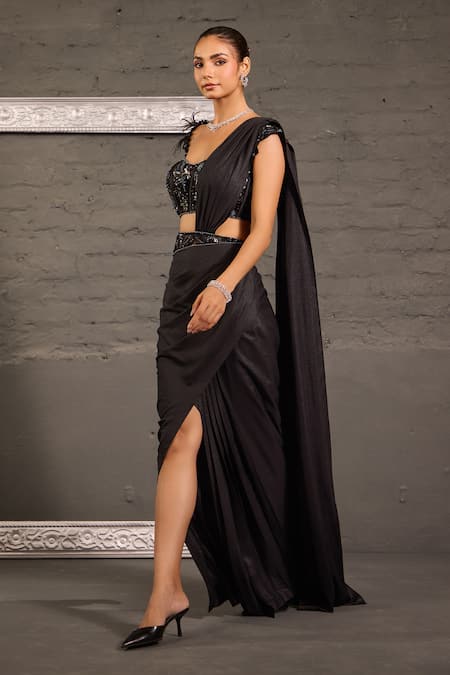 Shop_One Knot One By Ashna_Black Net, Georgette Sequins, Beads, Corset Blouse With Pre-draped Saree _Online_at_Aza_Fashions