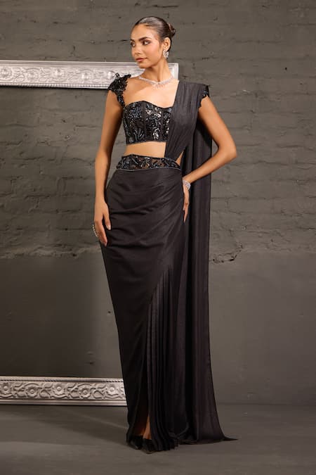 One Knot One By Ashna_Black Net, Georgette Sequins, Beads, Corset Blouse With Pre-draped Saree _at_Aza_Fashions