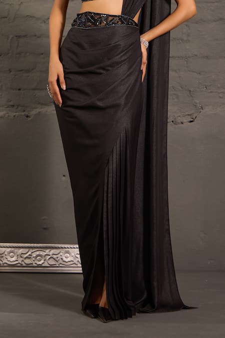 Buy_One Knot One By Ashna_Black Net, Georgette Sequins, Beads, Corset Blouse With Pre-draped Saree 