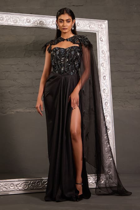 One Knot One By Ashna Hand Embroidered Corset Gown With Cape 