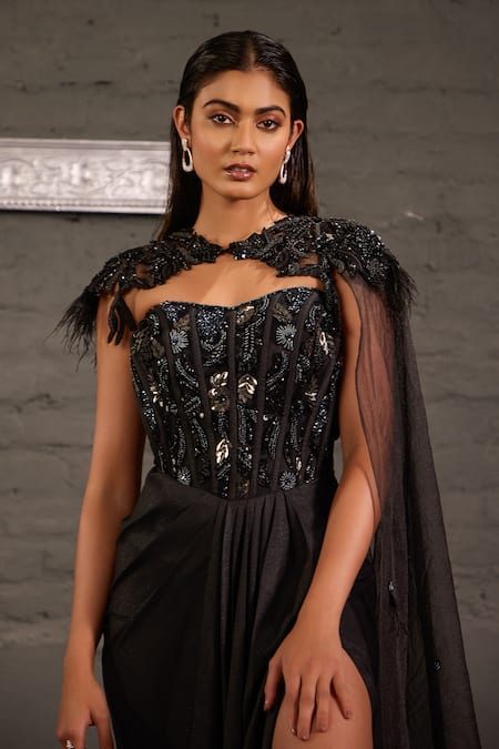One Knot One By Ashna_Black Georgette, Net Beads, Sequins Hand Embroidered Corset Gown With Cape _at_Aza_Fashions