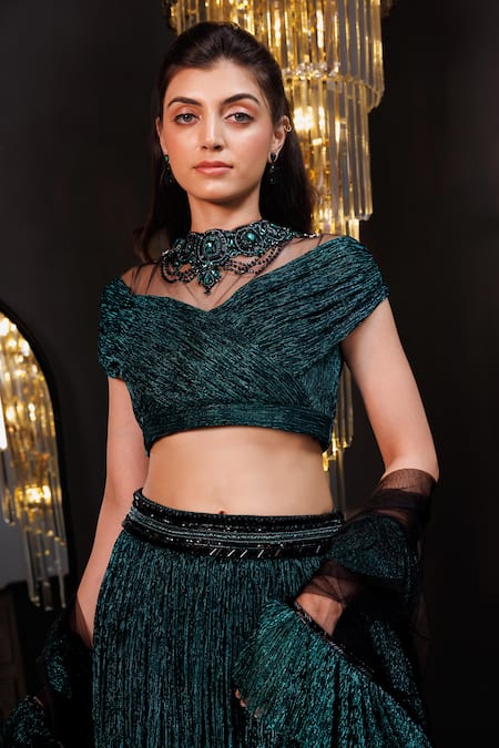 Hoity Moppet_Emerald Green Net Stones, Embroidery, Beads, Ruffles Embellished Lehenga Set _Online_at_Aza_Fashions