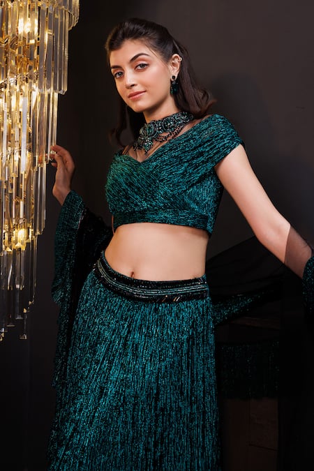 Shop_Hoity Moppet_Emerald Green Net Stones, Embroidery, Beads, Ruffles Embellished Lehenga Set _Online_at_Aza_Fashions