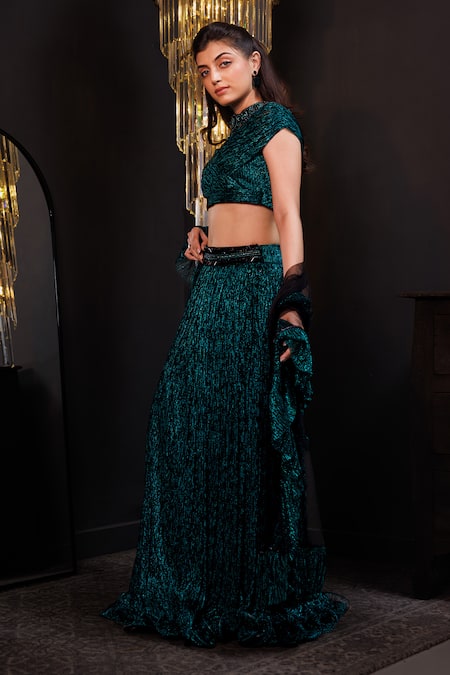 Hoity Moppet_Emerald Green Net Stones, Embroidery, Beads, Ruffles Embellished Lehenga Set _at_Aza_Fashions