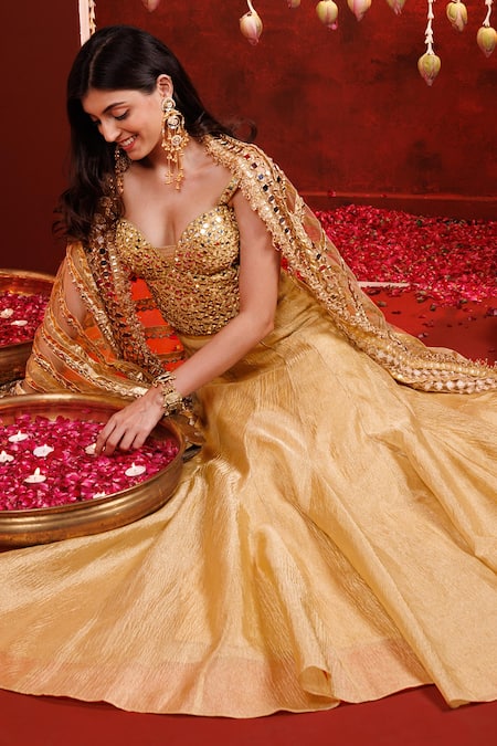 Hoity Moppet_Gold Tissue Mirrors, Lace Sweetheart Neck Mirrari Detailed Lehenga Set _Online_at_Aza_Fashions