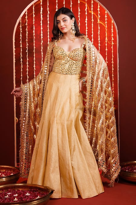 Shop_Hoity Moppet_Gold Tissue Mirrors, Lace Sweetheart Neck Mirrari Detailed Lehenga Set _Online_at_Aza_Fashions