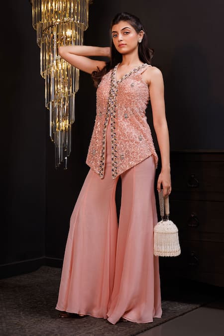 Hoity Moppet_Peach Net, Georgette Pearls, Stones V-neck Embroidered Kurta And Sharara Set _Online_at_Aza_Fashions