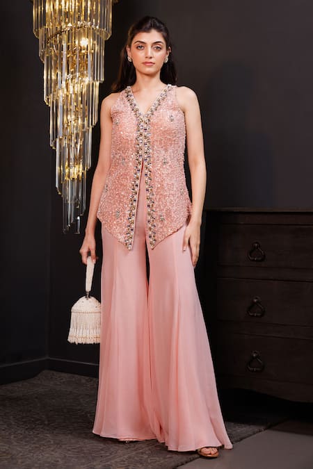 Buy_Hoity Moppet_Peach Net, Georgette Pearls, Stones V-neck Embroidered Kurta And Sharara Set _Online_at_Aza_Fashions