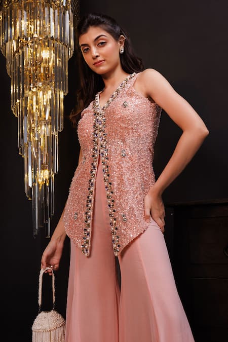 Hoity Moppet_Peach Net, Georgette Pearls, Stones V-neck Embroidered Kurta And Sharara Set _at_Aza_Fashions