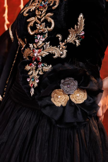 Hoity Moppet_Black Organza, Velvet Embroidery, Stones, Fabric Flowers, Lace, Lehenga Set _Online_at_Aza_Fashions