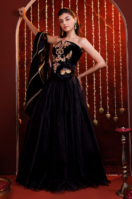 Buy_Hoity Moppet_Black Organza, Velvet Embroidery, Stones, Fabric Flowers, Lace, Lehenga Set _Online_at_Aza_Fashions