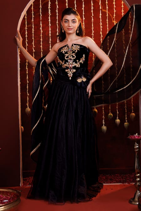Shop_Hoity Moppet_Black Organza, Velvet Embroidery, Stones, Fabric Flowers, Lace, Lehenga Set _Online_at_Aza_Fashions