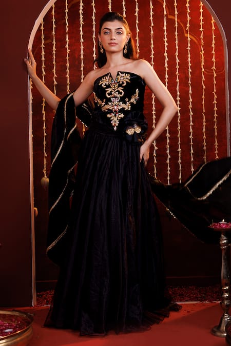 Hoity Moppet_Black Organza, Velvet Embroidery, Stones, Fabric Flowers, Lace, Lehenga Set _at_Aza_Fashions