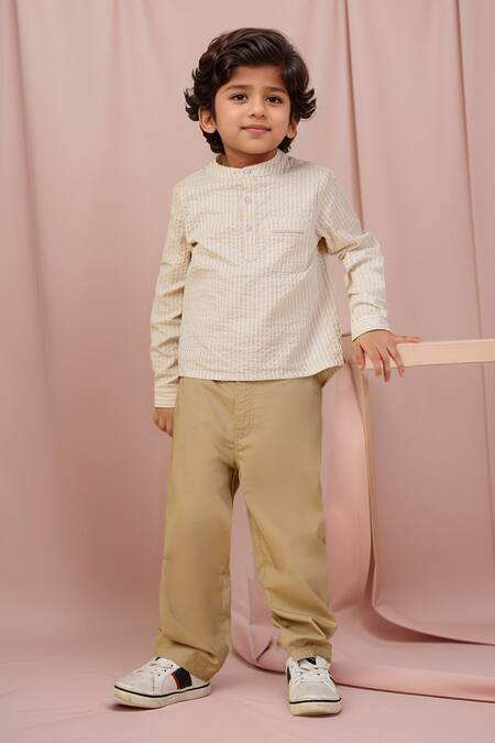 Petite Pomme Beige Cotton Striped Shirt And Pant Set