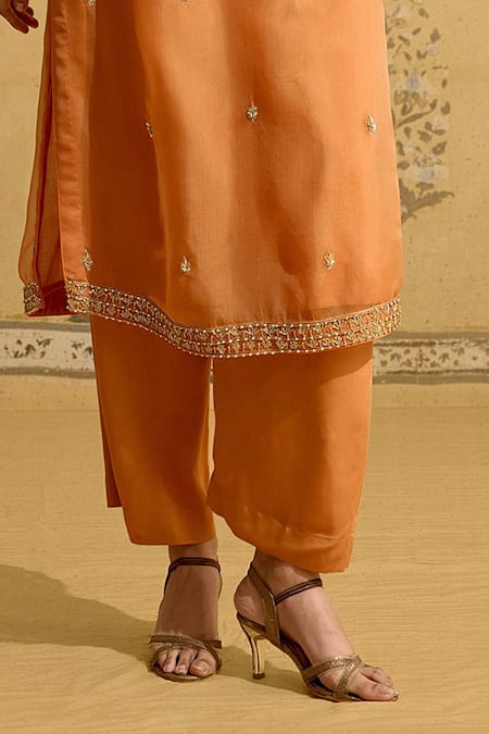 Shyam Narayan Prasad_Rust Silk Organza Embroidery, Zari V-neck Zardozi Kurta Set _Online_at_Aza_Fashions