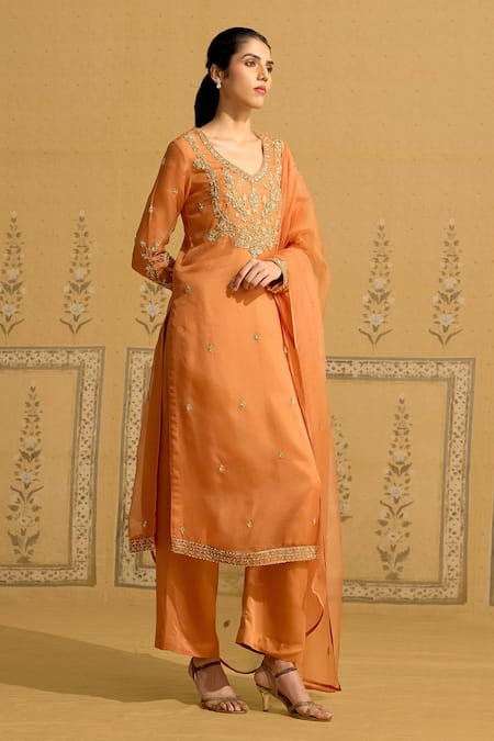Buy_Shyam Narayan Prasad_Rust Silk Organza Embroidery, Zari V-neck Zardozi Kurta Set _Online_at_Aza_Fashions